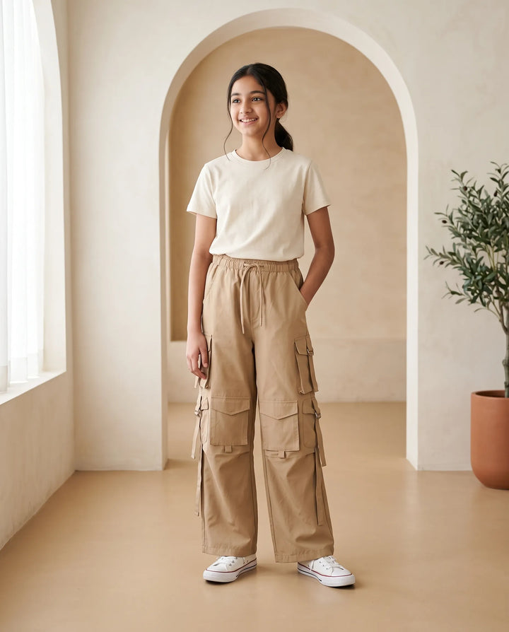 Safar Wide Leg Cargo Pants for Girls – Khaki