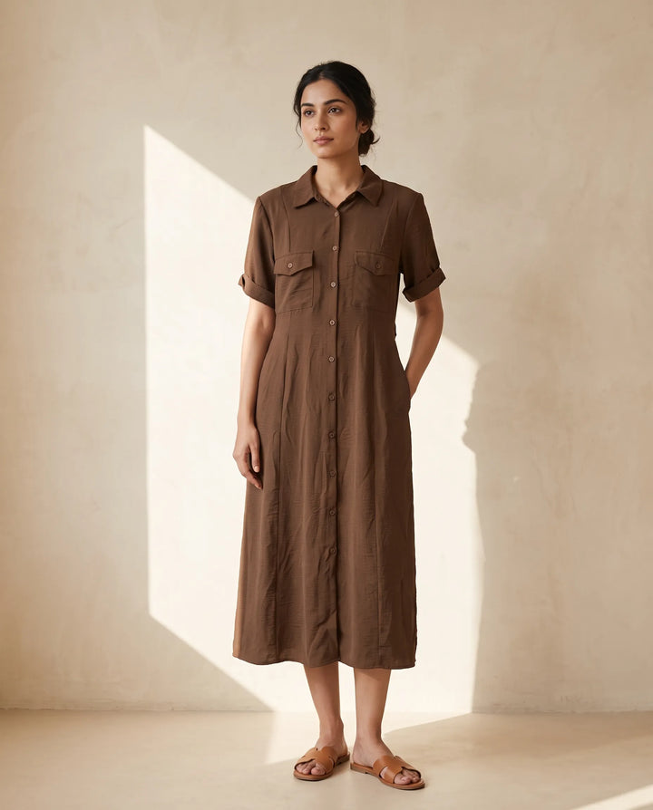 Saanjh Half Sleeve Midi Dress for Women – Brown
