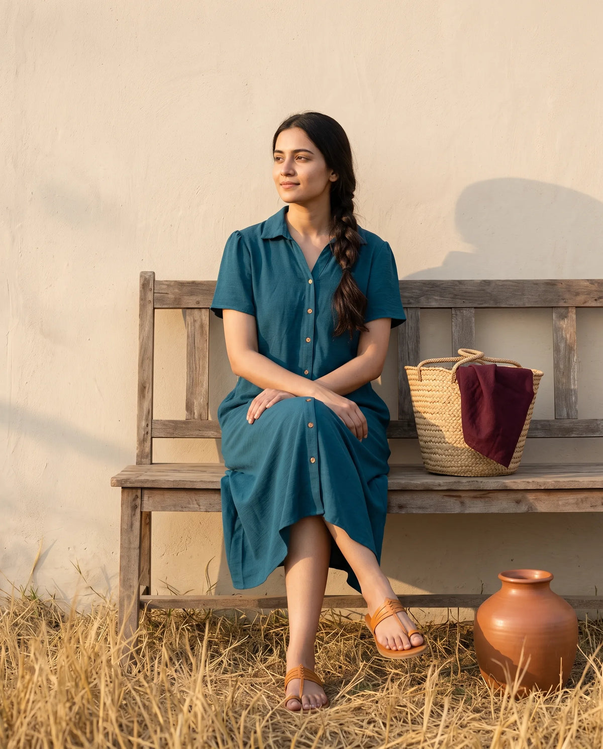 Saanjh Half Sleeve Midi Dress for Women – Teal