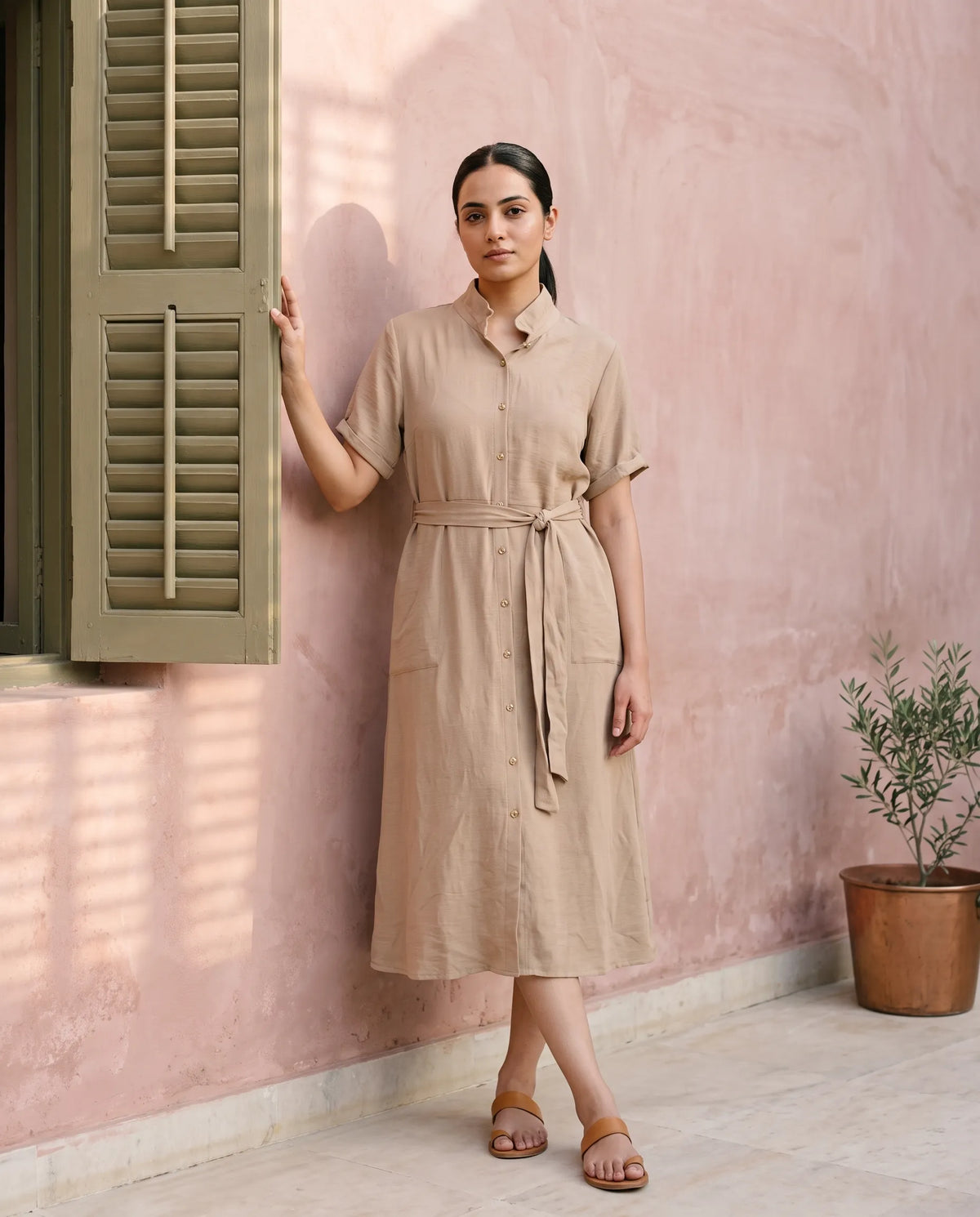 Saanjh Half Sleeve Midi Dress for Women – Beige