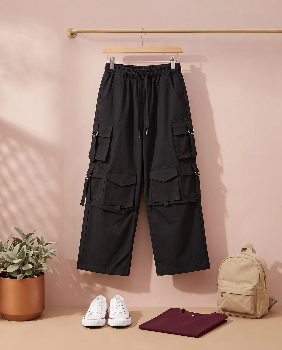 Safar Wide Leg Cargo Pants for Girls – Black