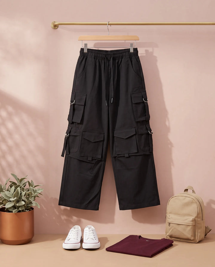 Safar Wide Leg Cargo Pants for Girls – Black