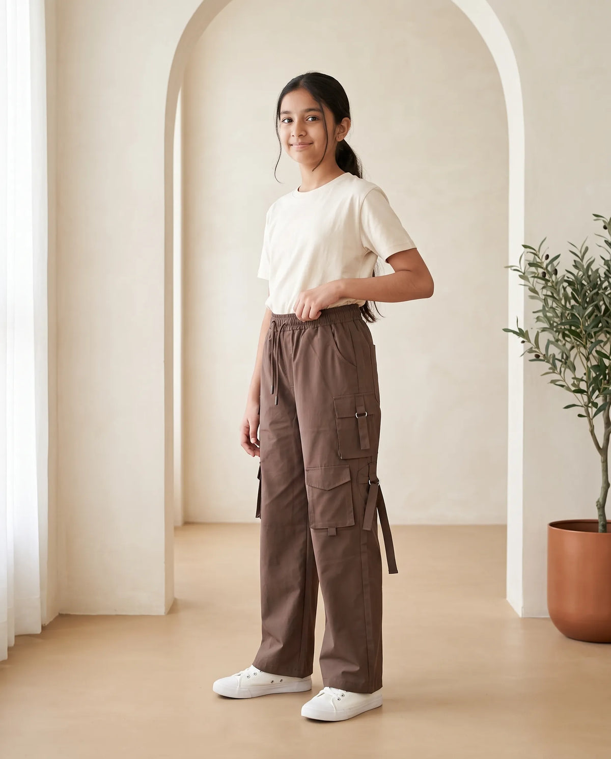 Safar Wide Leg Cargo Pants for Girls – Brown
